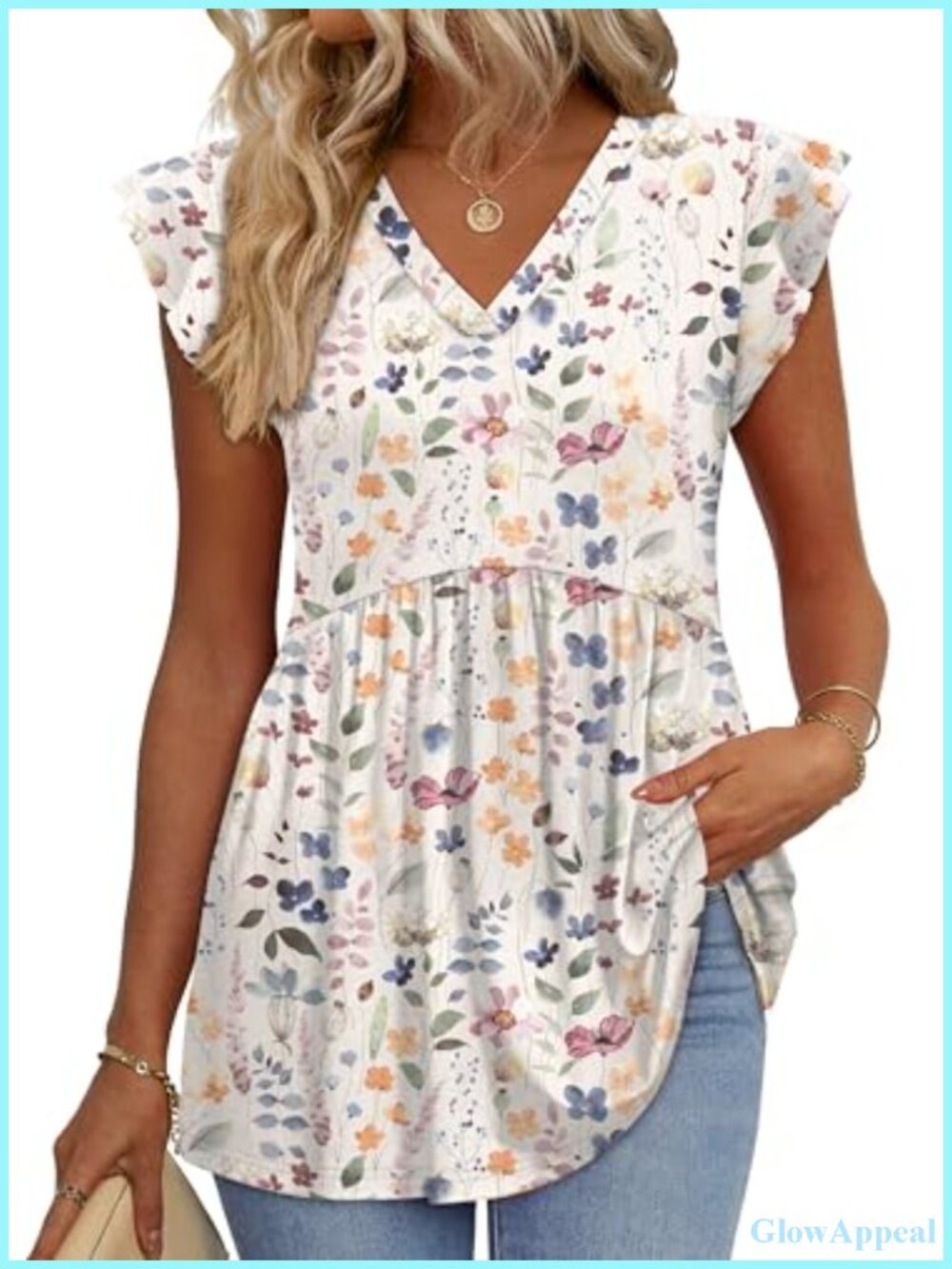 Women's V-Neck Babydoll Blouse Ruffle Sleeve Stretch Polyester Summer Casual